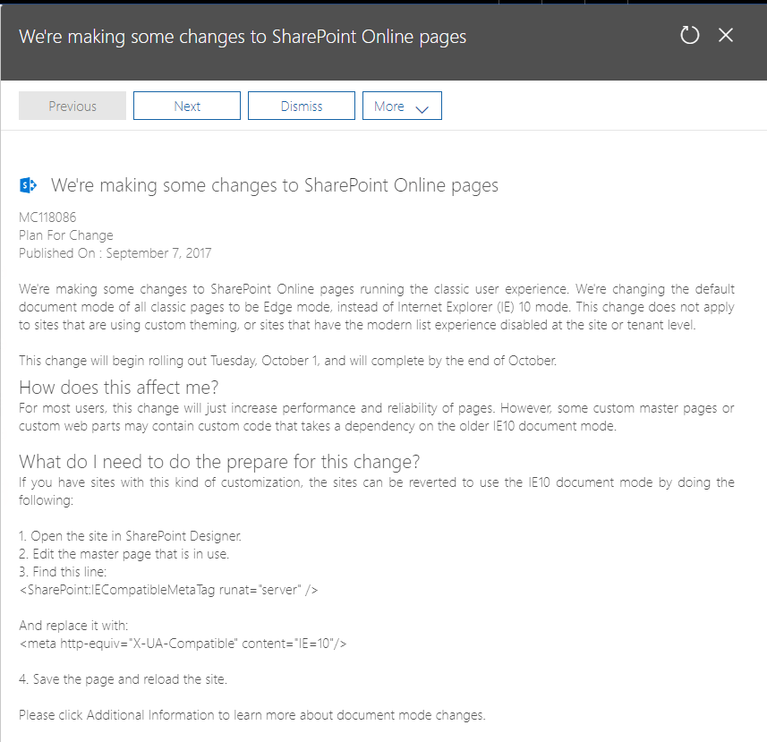 message Office 365 - Are your safe traditional pages going to break in October?