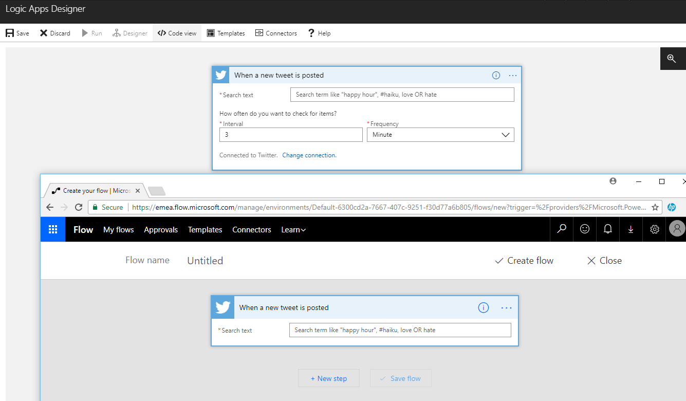 twitter Office 365 - Workflow options - Azure Logic Apps vs Microsoft Flow