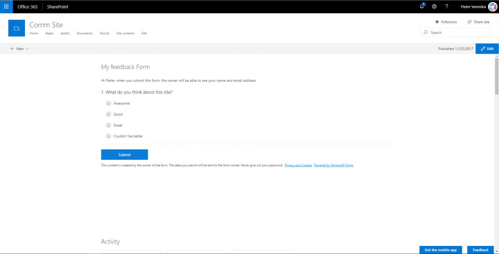 feedbackformfillin Create a feedback form with SharePoint Online and Microsoft Forms