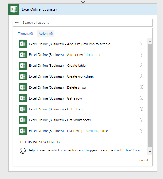 Excel Online (Business) actions