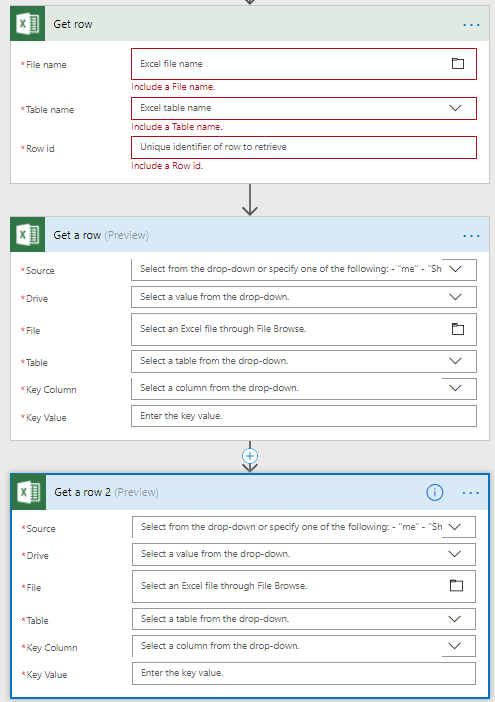getarow 3 Get row actions in the Excel connectors in Microsoft Flow.