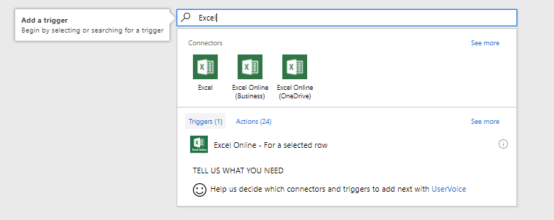 Triggers available in Excel connectors