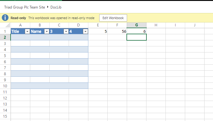 workbook Excel file showing a table