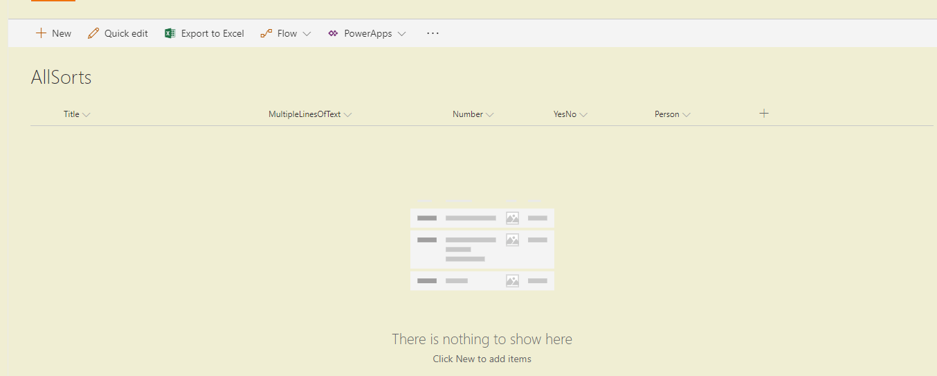 A SharePoint list with Multiple Lines of Text, Number, Yes/No and Person field A SharePoint list with Multiple Lines of Text, Number, Yes/No and Person field