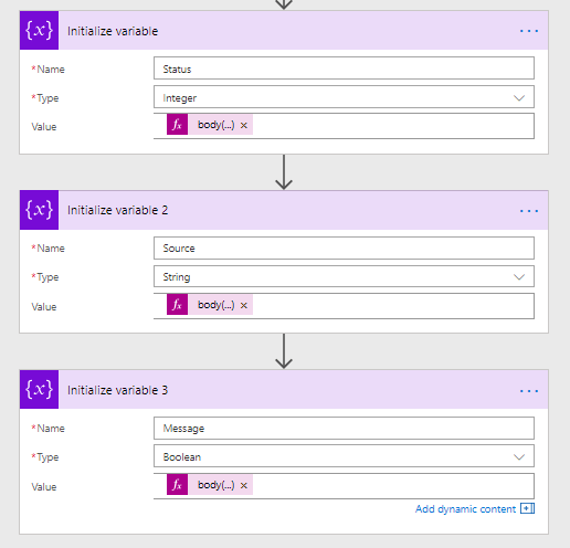 3 variables, status, source and message
