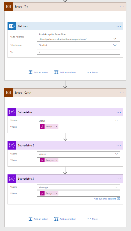 Set the variables in the catch section of the flow