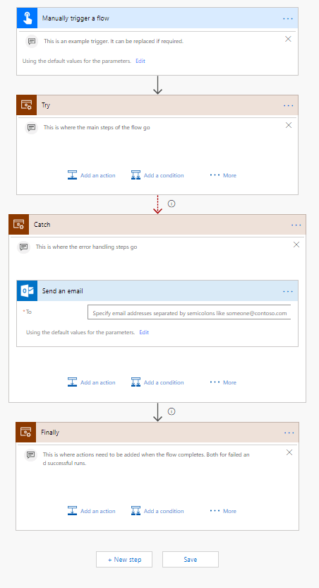 The try catch template in edit mode in Flow