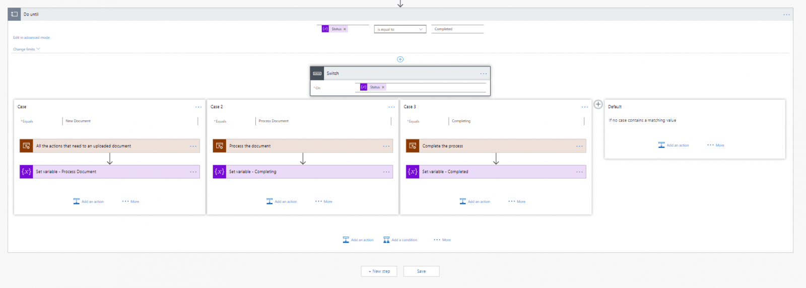 A Switch with a status for each branch State Machine template in Power Automate