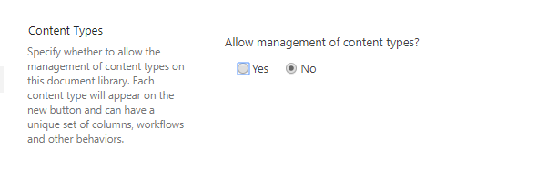 Allow management of content types set to No