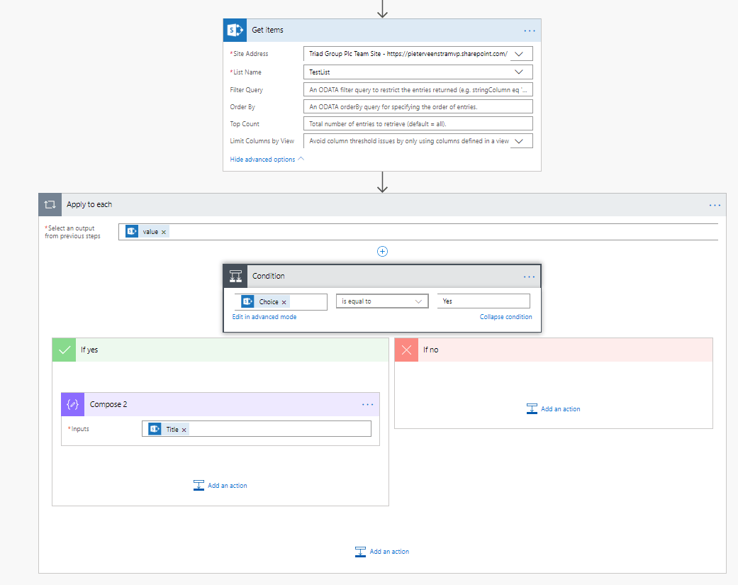 Get Items followed by an Apply to each  with a condition in it in a Flow