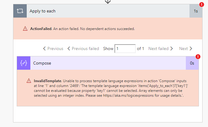 InvalidTemplate. Unable to process template language expressions in action 'Compose' inputs at line '1' and column '2469': 'The template language expression 'items('Apply_to_each')?['key1']' cannot be evaluated because property 'key1' cannot be selected. Array elements can only be selected using an integer index. Please see https://aka.ms/logicexpressions for usage details.'.