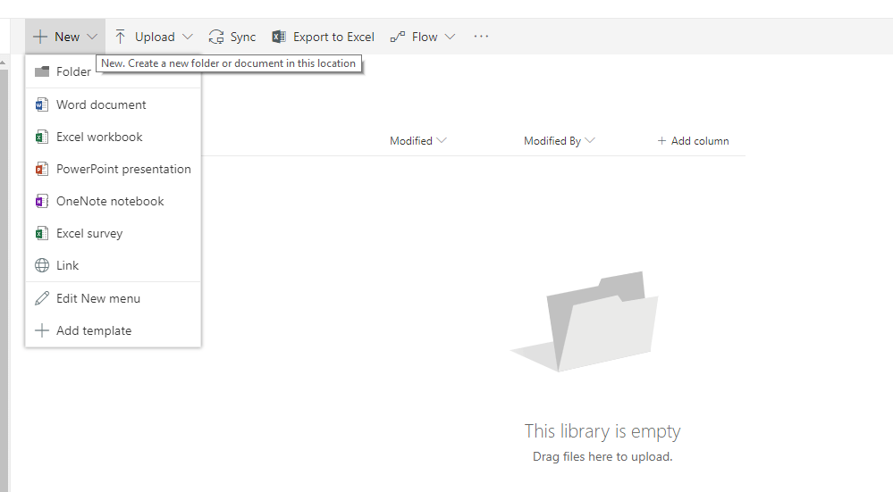 newindocumentlibrary New option in document library showing Edit New menu and Add template options