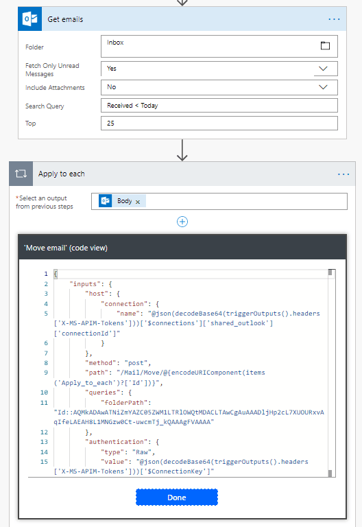 Showing the code for the example flow