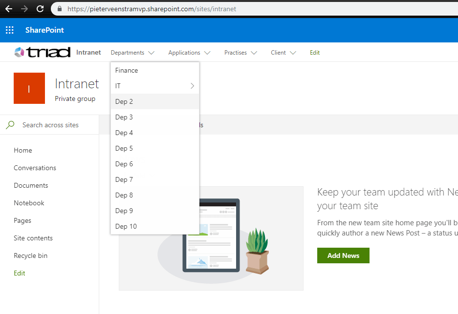 Global Navigation with hub sites