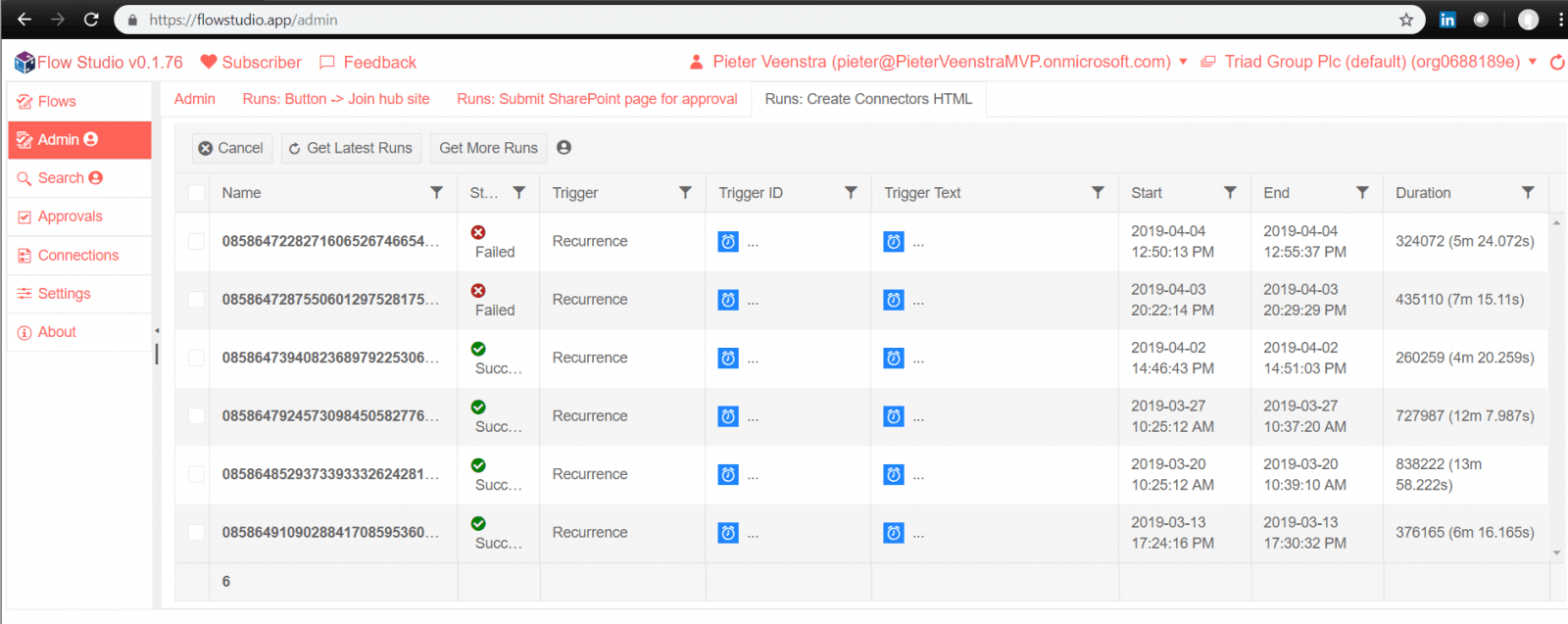 Run details shown in Flow Studio