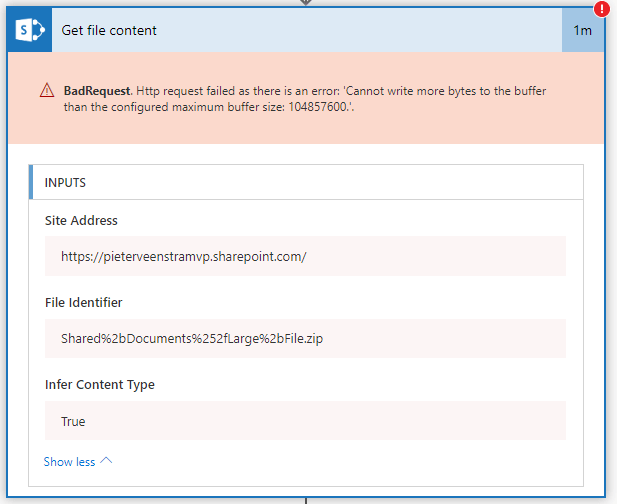 BadRequest. Http request failed as there is an error: 'Cannot write more bytes to the buffer than the configured maximum buffer size: 104857600.