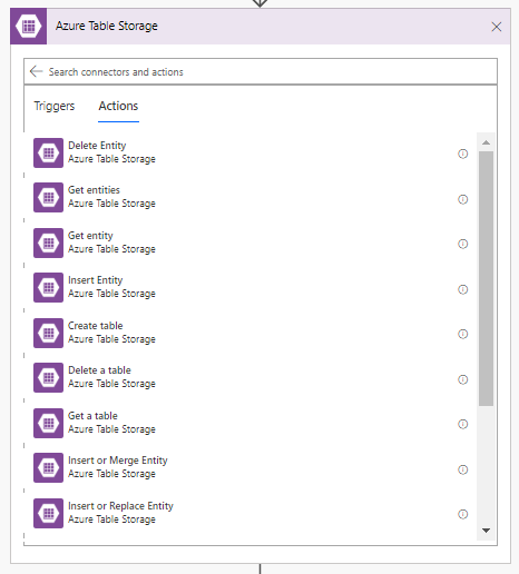 Table Storage Actions