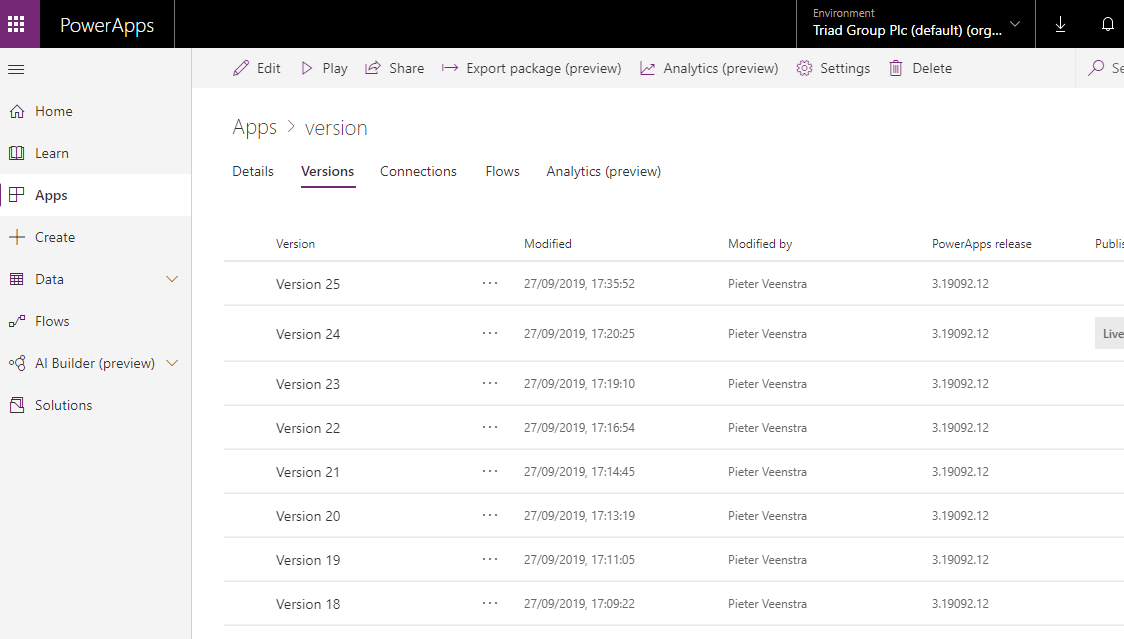 Version number in Power Apps