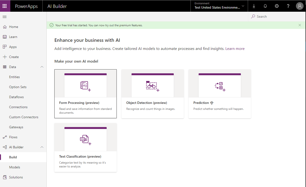 The 4 different modelling options in AI Builder
