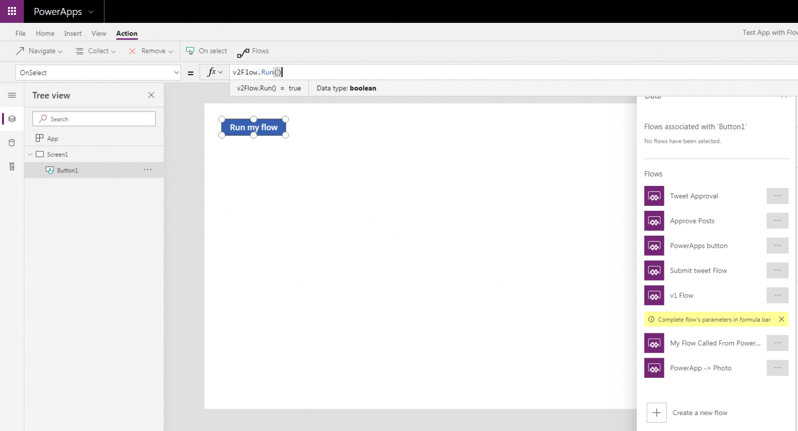re add flow Version 2 of the flow added to a button in Power Apps.