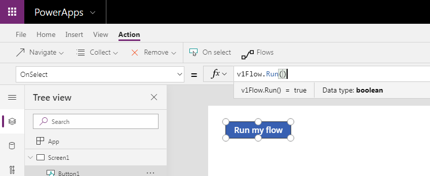 v1flow run button Version 1 of the flow run from Power Apps.