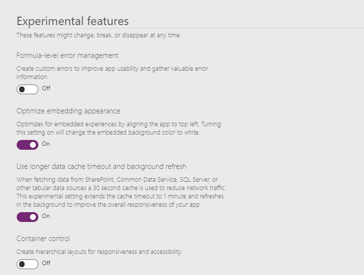 Experimental features - Us longer data cache timeout and background refresh