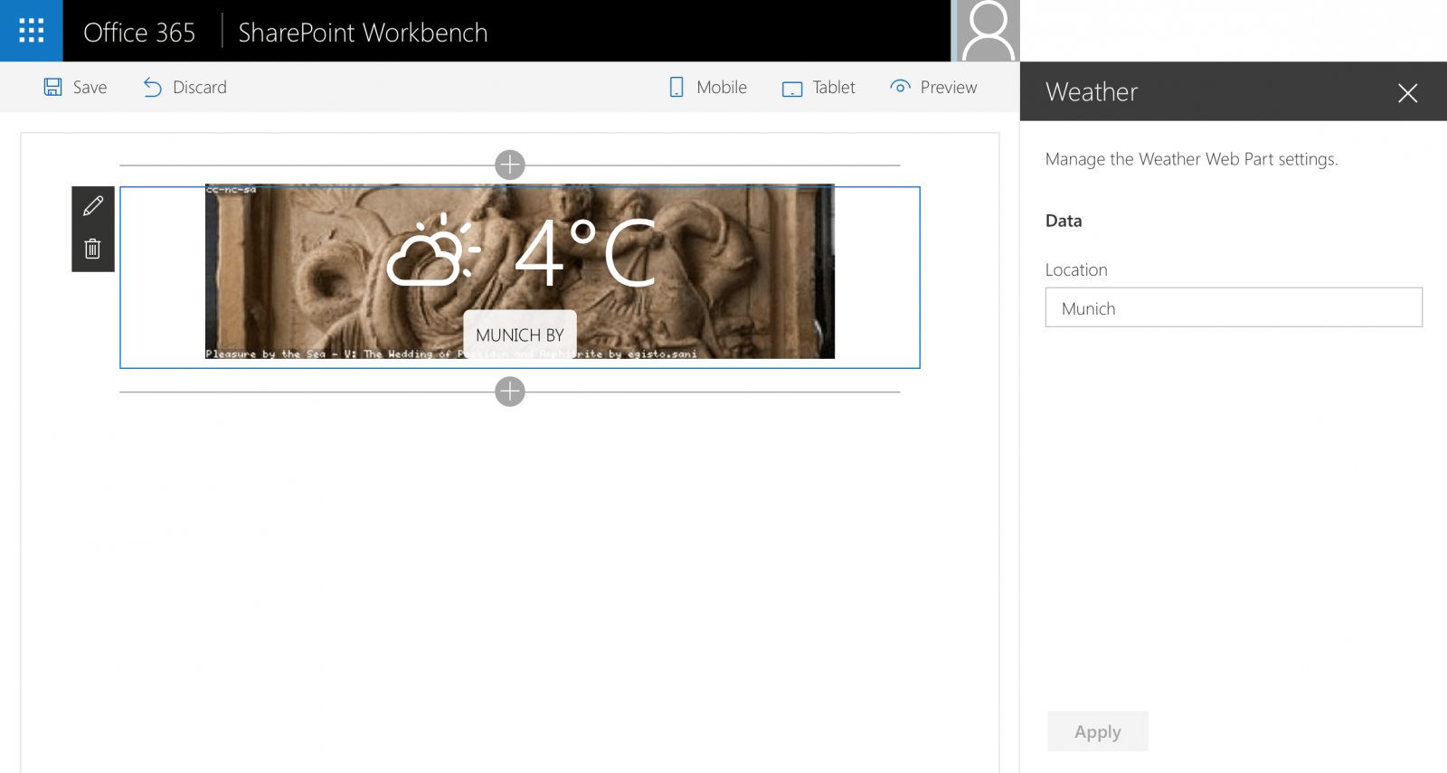 Weather Web Part displayed in SharePoint Workbench