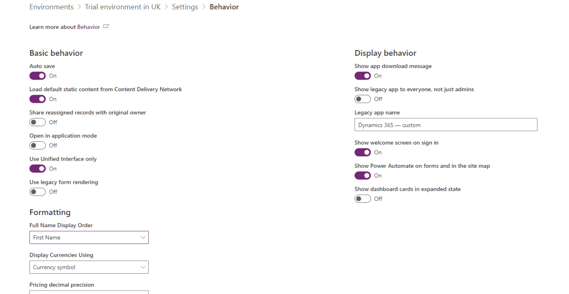 behavior settings Behavior in Product Settings