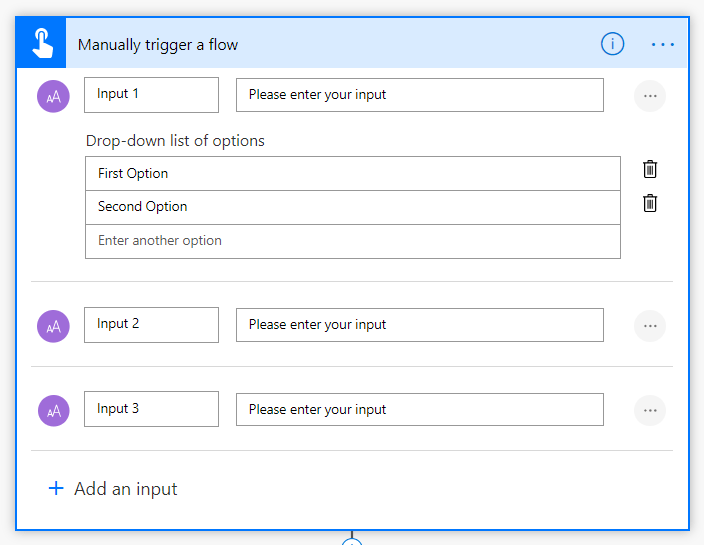 inputs in manually started workflows Inputs