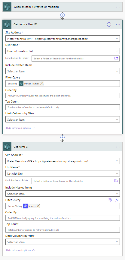 Get Items with Person1 field set to user Filter by a SharePoint people field in Get items action in Power Automate