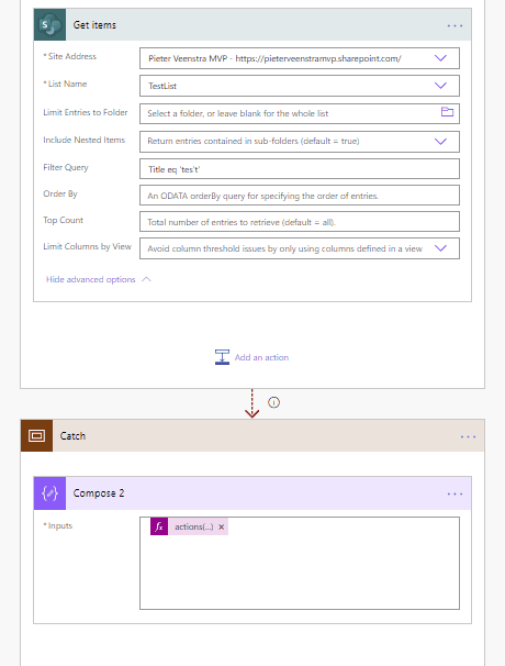 try catch with actions function Actions function in Power Automate