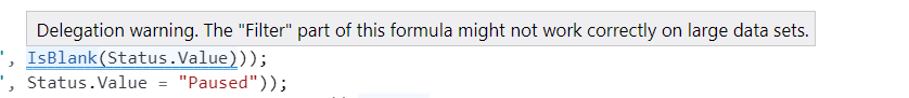 Delegation warning. The Filter part of this formula might not work correctly on large data sets.