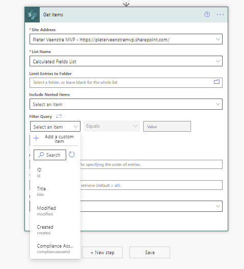 There is no tomorrow in the drop down Filter by calculated fields in SharePoint using Power Automate