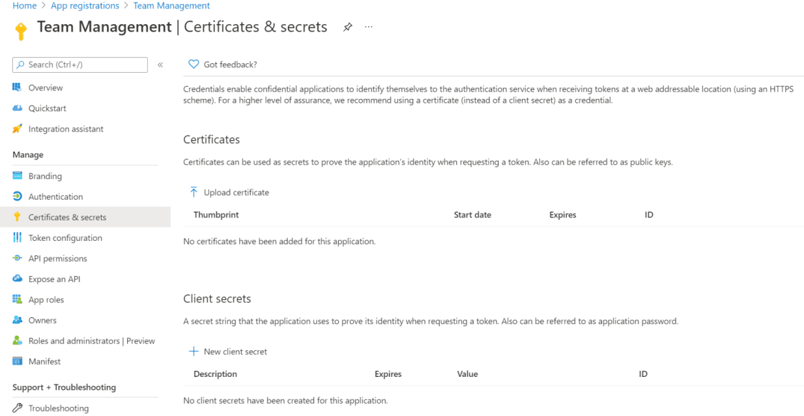 add a secret to the app registration Add a secret to the app registration