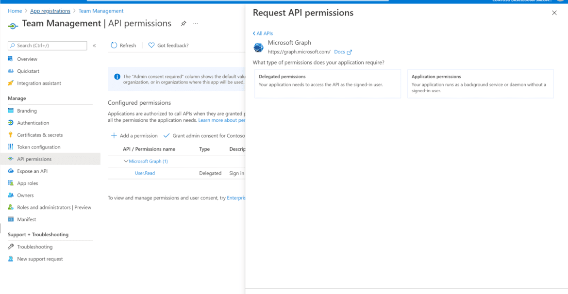 set the api permissions on the app registration Set the API permissions on the app registration