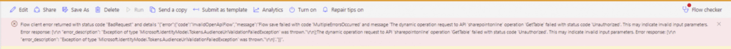 image 31 Flow save failed with code 'MultipleErrorsOccurred' and message 'The dynamic operation request to API 'sharepointonline' operation 'GetTable' failed with status code 'Unauthorized'.