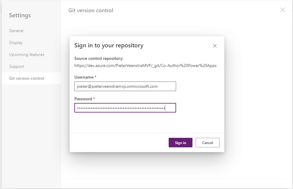 Sign into repo Co-Authoring in Power Apps