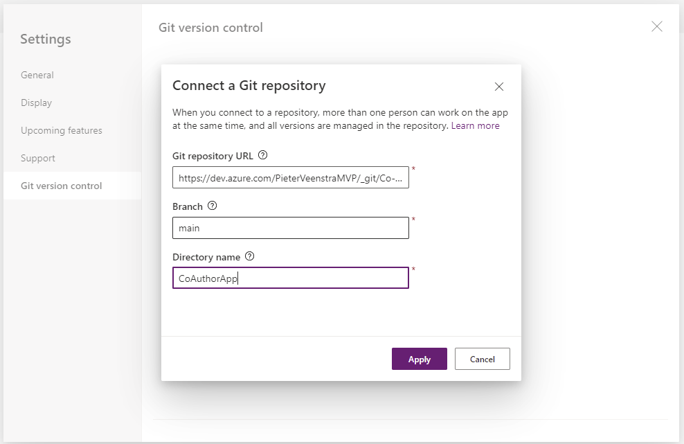 select repo Co-Authoring in Power Apps