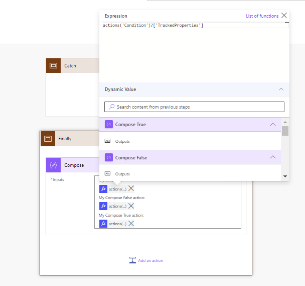 actions function to get the tracked properties