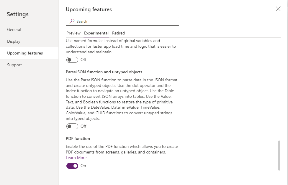 PDF Function feacture enable the PDF function in Power Apps