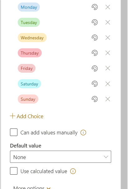 working day column with a colour for each day Working day column with a colour for each day