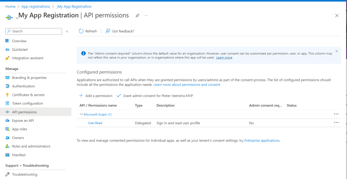 API permissions in an app registration