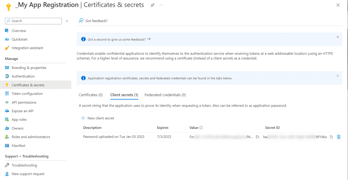 Certificates and secrets configured on the app registration