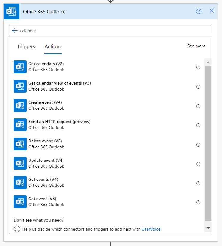 Calendar actions available within the Office 365 Outlook connector