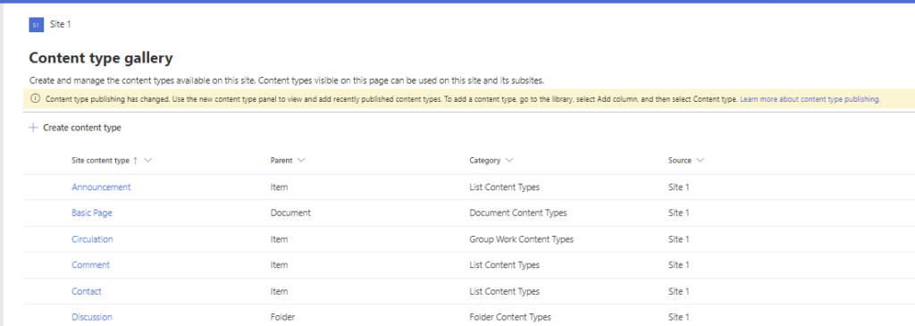 image 51 Content type publishing has changed. Use the new content type panel to view and add recently published content types. To add a content type, go to the library, select Add column, and then select Content type.Learn more about content type publishing.