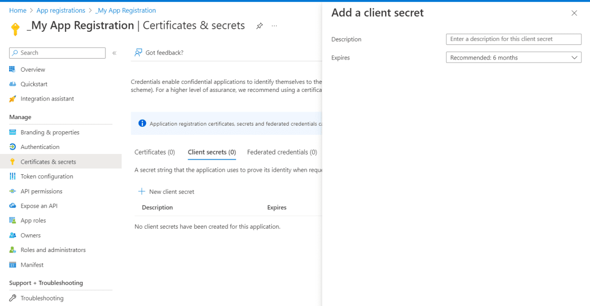 My App Registration, add a client secret