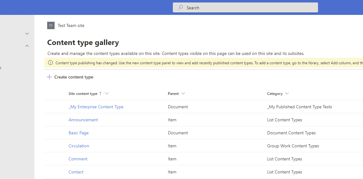 Enterprise Content Type shown in site's content type gallery