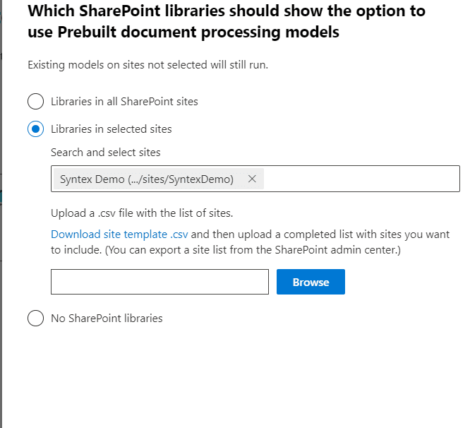 Which SharePoint libraries should show the option to use Prebuild document processing models.