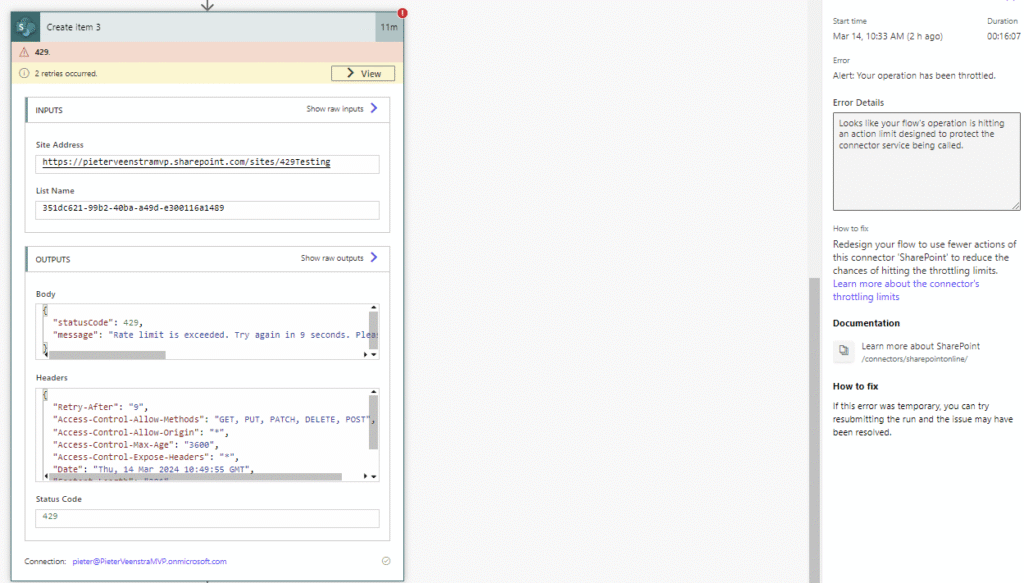 429 error shown in an action in Power Automate