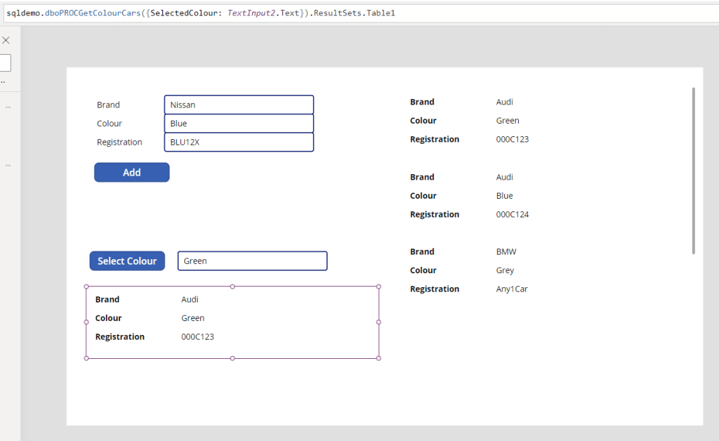 Stored procedure called from Power Apps